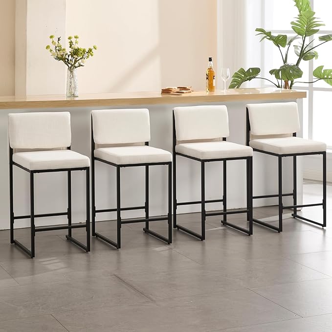 Modern Barstools Set of 4, 26” Upholstered Counter Height Bar Stools Sherpa Fabric Counter Stools with Padded Back Metal Frame for Kitchen Island Dining Room, White