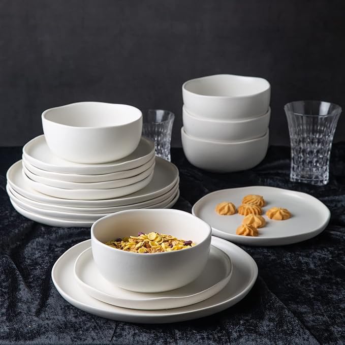 AmorArc Ceramic Dinner Plates Set of 6, Wavy Rim 10.25 Inch Stoneware Dish Set, Dinnerware Plates for Kitchen-Microwave&Dishwasher Safe, Scratch Resistant-Reactive Glaze Matte White