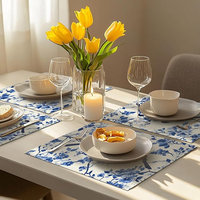 Flower Bird Placemats Set of 6, Blue Birds Place Mats,Blue and White Floral Waterproof Washable Table Mats for Home Party Indoor Kitchen Dining Table Decoration 12x18 Inch
