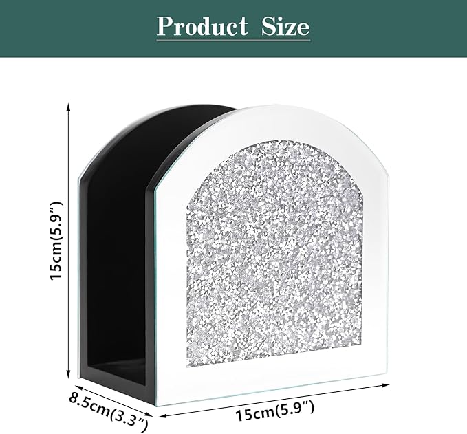 Mirror Napkin Holder with Crushed Diamond, Bling Glass Silver Napkin Holder for Dining Table Kitchen Countertop and Home Décor