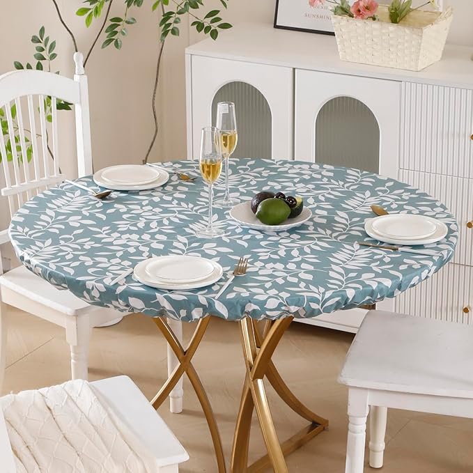 Walrus Round Vinyl Fitted Tablecloth with Flannel Backing Elastic Edge Design Table Cover Waterproof Oil-Proof PVC Table Cloth Stain-Resistant Best for 32"-36" Round