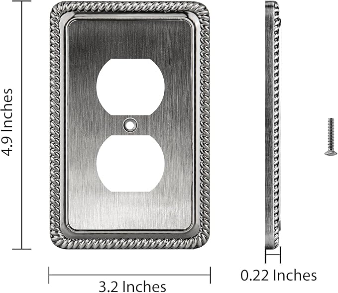 Henne Bery Rope Edge Decorative Wall Plate Switch Plate Outlet Cover (Single Duplex, 3 Pack, Heirloom Silver)