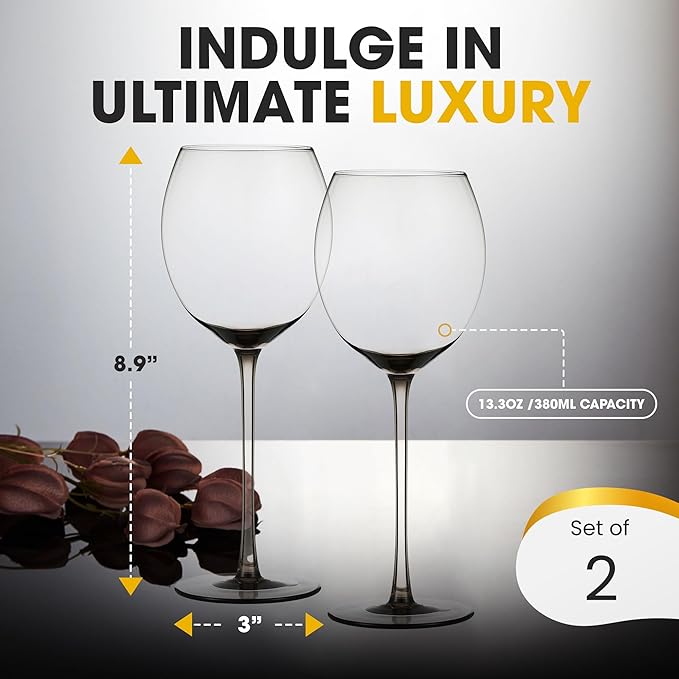 Colored Red Wine Glasses Set of 2 - Elegant Long Stem Wine Glass - 13.3oz (Smoke)