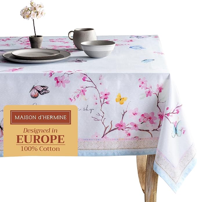 Maison d' Hermine Table Cloth Rectangle Table 100% Cotton 60 x 120 Inches Tablecloth Reusable Decorative for Dining Room Farmhouse Home Valentines Day Decorations Spring Summer - Blossoms in Spring