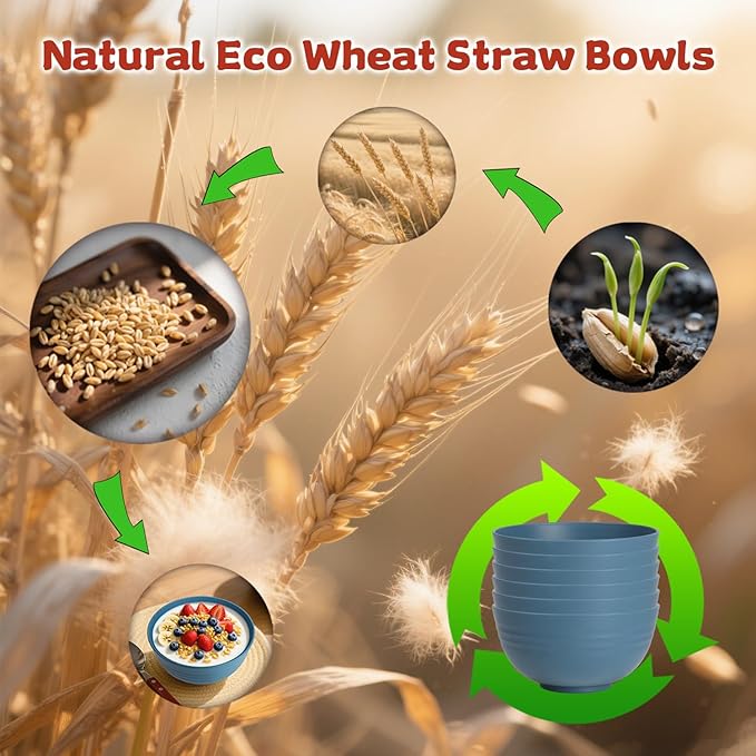 Wrova 6-piece Wheat Straw Bowls sets 26oz,Alternative Plastic Bowls Reusable for indoors and outdoors,Microwave-able and Dishwasher Safe Bowls Sets Easy to Clean.Blue Series