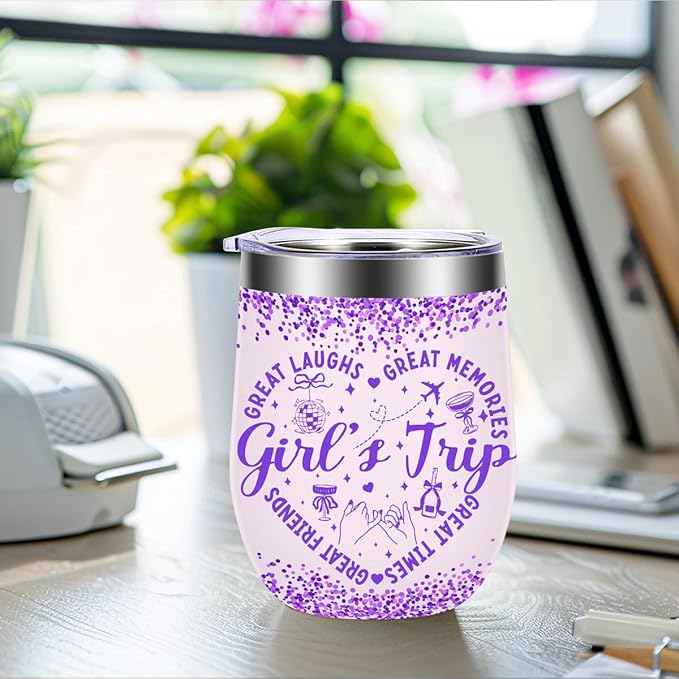 4Pcs Girls Trip Wine Tumbler With Lid, 12 Oz Stainless Steel Insulated Wine Tumbler , Girls Trip Gifts Favors Insulated Coffee Cup, Travel Mug Sister Gifts for Friendship Vacation Bachelorette Party