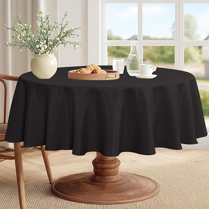 JIUZHEN Round Tablecloth Linen Textured Wrinkle Stain Resistant Farmhouse Table Cloth Decorative Fabric for Kitchen, Dining, Party, Wedding,Outdoor Use,108 Inch Round,Black