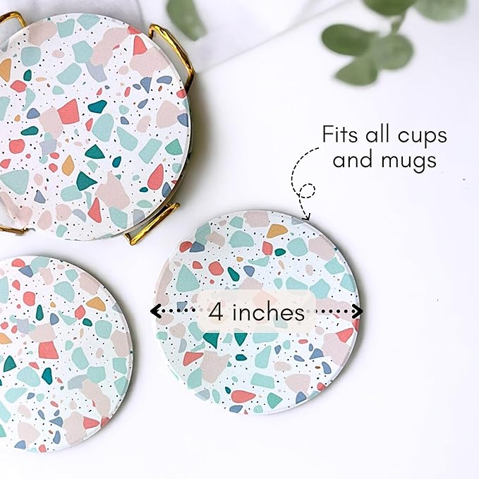 Terrazzo Coasters Set of 6, Ceramic Absorbent Drink Coasters, Cute Moisture Absorbing Coaster, Coffee Table Desk Decor, Colorful Stone Coaster for Drinks (Pastel)