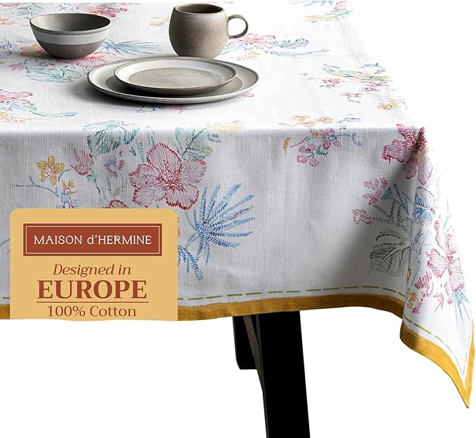 Maison d' Hermine Table Cloth Square Table 100% Cotton 60 x 60 Inches Tablecloth Reusable Decorative for Dining Room Farmhouse Home Valentines Day Decorations Spring Summer - Paradise Island