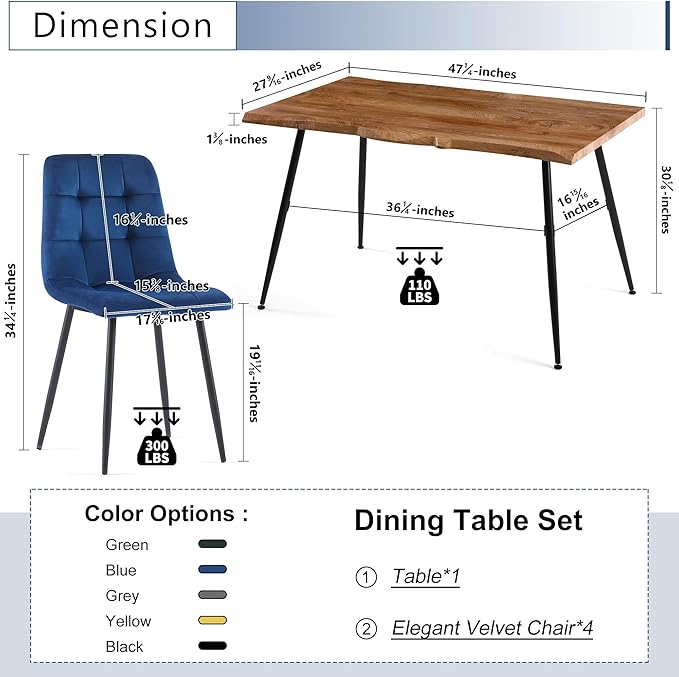 Rectangular Dining Table Set with Upholstered Chairs - Modern Kitchen Table and Chairs Set of 4 for Small Spaces - Blue
