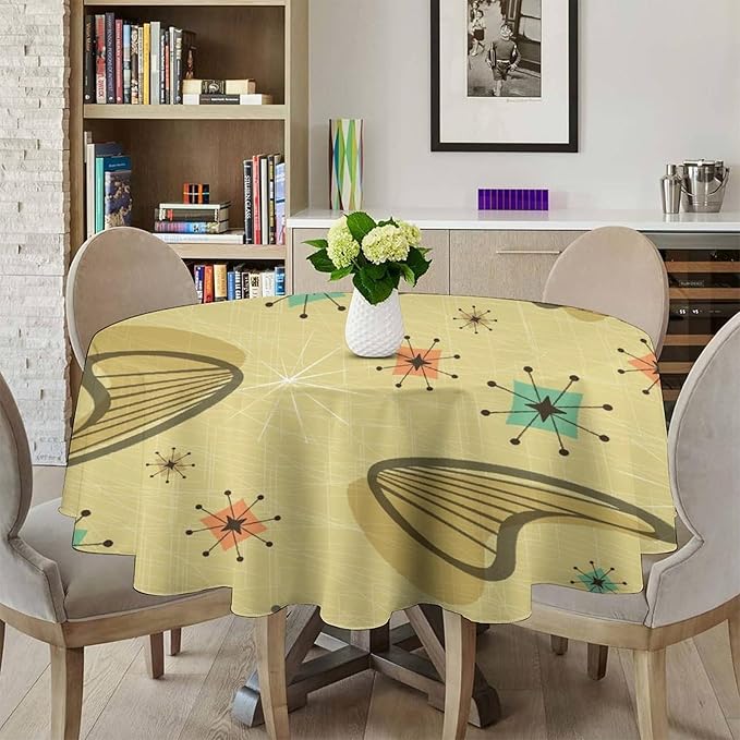 Mid Century Round Tablecloth, Retro Abstract Atomic Boho Geometric Art Printed Tablecloth for Home Party Dining Room Kitchen Decor 36Inch(90cm)