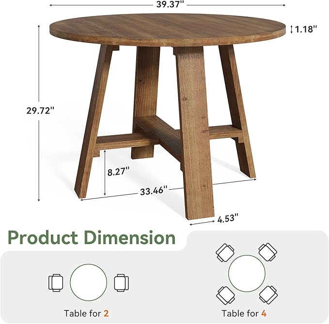 39.4" Round Dining Table for 2–4 People, Solid Wood Farmhouse Kitchen Table with Natural Wood Grain for Dining Room, Rustic Brown