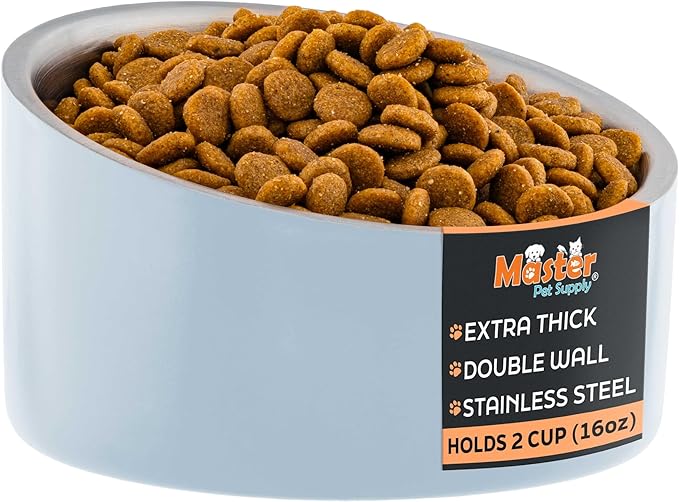 Master Pet Supply Stainless Steel Slanted Dog Cat Food Bowl - 16 oz Heavy Duty - Glacier Blue, Double Wall Insulated, Non-Slip Elevated Bowl for French Bulldogs Pugs Cats, Anti Rust Dishwasher Safe