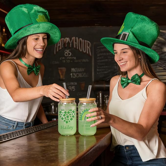Mason Life St Patrick's Day Personalized Glass Tumbler, Print 2 Sides 18 OZ Cute Glass Cup with Lid and Straw, Lucky Clover Beer Can Glass, Personalized St.Patrick's Day Gift