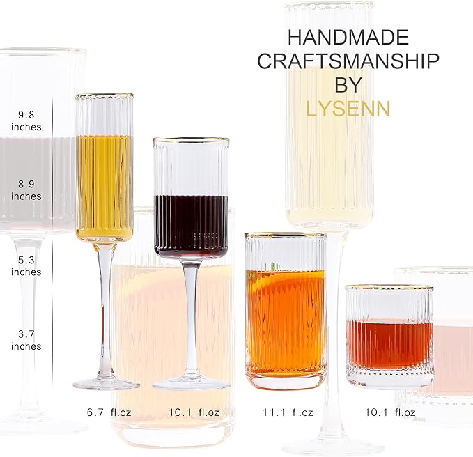 Lysenn Vintage Glassware Set - Ribbed & Fluted Wine, Champagne, Whiskey & Highball Glasses for Wedding or Party, Set of 4
