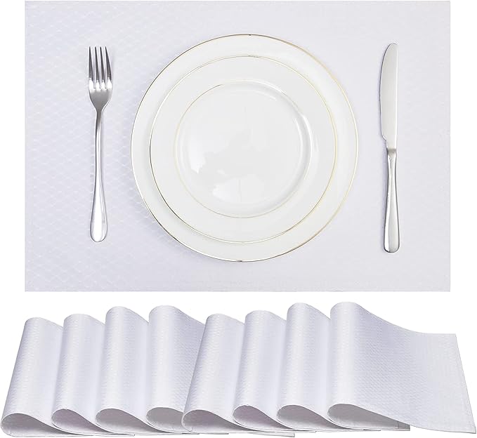 Place Mats Set of 8 – Rectangle Rectangular Waterproof Fabric Polyester Cloth Washable Wipeable Heat Resistant Placemats for Kitchen Dining Dinner Table Indoor 13 x 19 Inch White