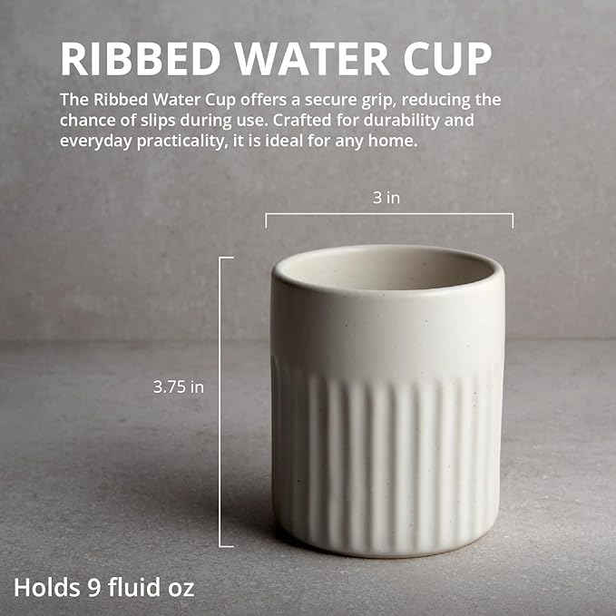 Goodies White Ribbed Water Cups (Set of 4), Handmade Ceramic, Glazed, Dishwasher Safe, Microwave Safe, Secure Grip, Ergonomic Shape, Modern, 9 oz