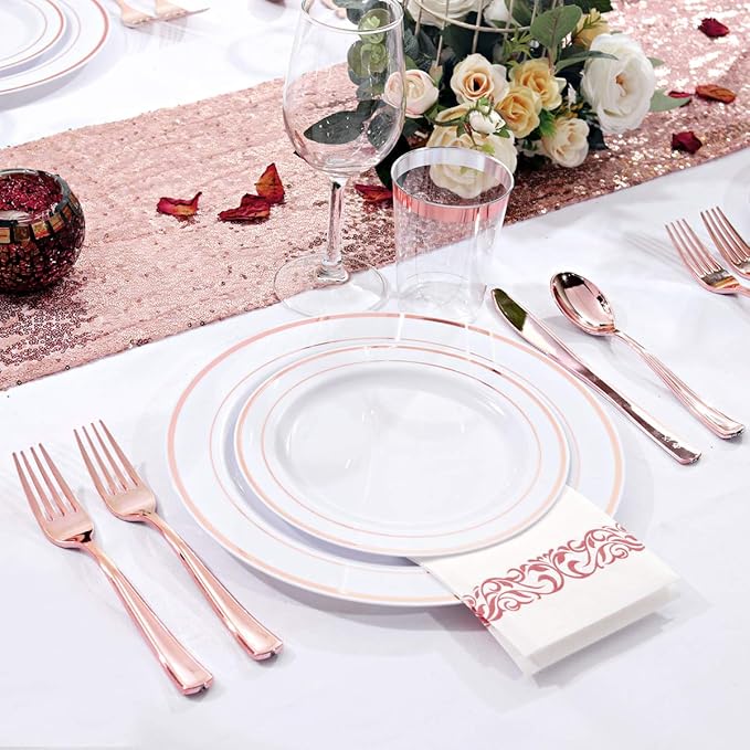 WDF 120 pieces Rose Gold Plates Disposable - Heavy Duty Rose Gold Plastic Plates Perfect for Valentines Day, Mother's Day, Wedding, Birthday