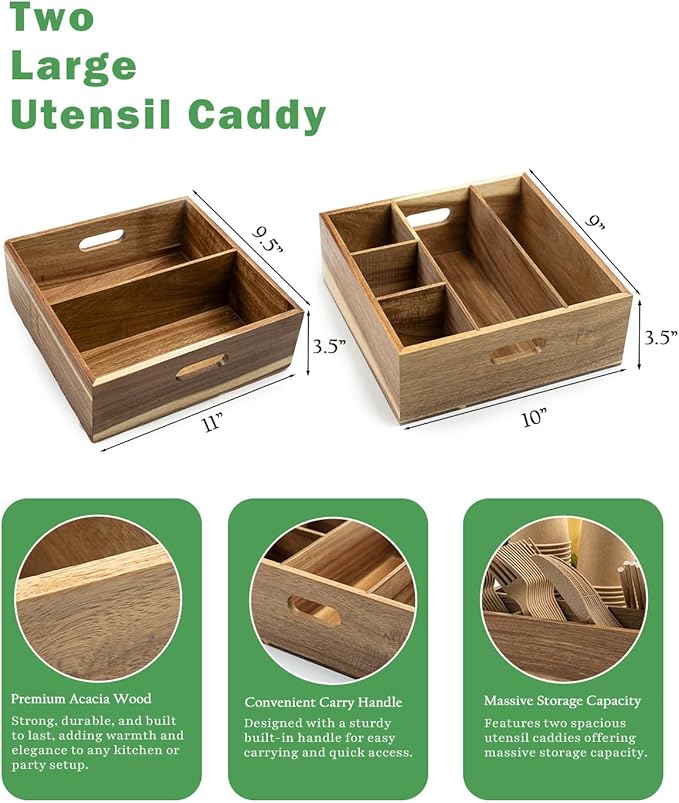 Acacia Wood Utensil Holder for Party (Set of 2) - 11" x 9.5" Utensil Caddy for Parties & Silverware Caddy for Countertop - Holds Plates, Napkins, Cups, Spoons, Forks - Kitchen Accessories