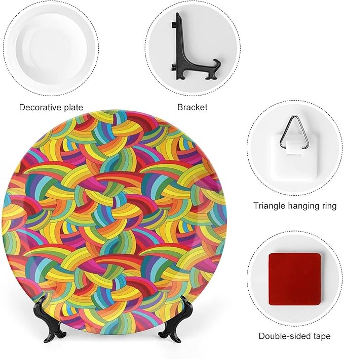 Ceramic Display Plate, Abstract Decor Ceramic Hanging Decorative Plate, Colorful Rainbows Wheels Spiral Wavy Fashionable, 6 Inch, Household Custom Ceramic Plate, Multy