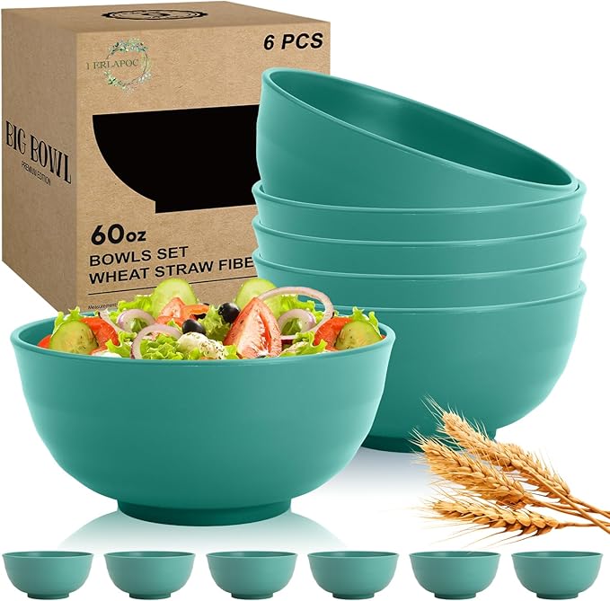 60 OZ Large Salad Bowls, Wheat Straw Camping Bowl Set of 6, Unbreakable Plastic Serving Bowls, Microwave & Dishwasher Safe Large Dinner Bowl for Kitchen & Outdoor, Green