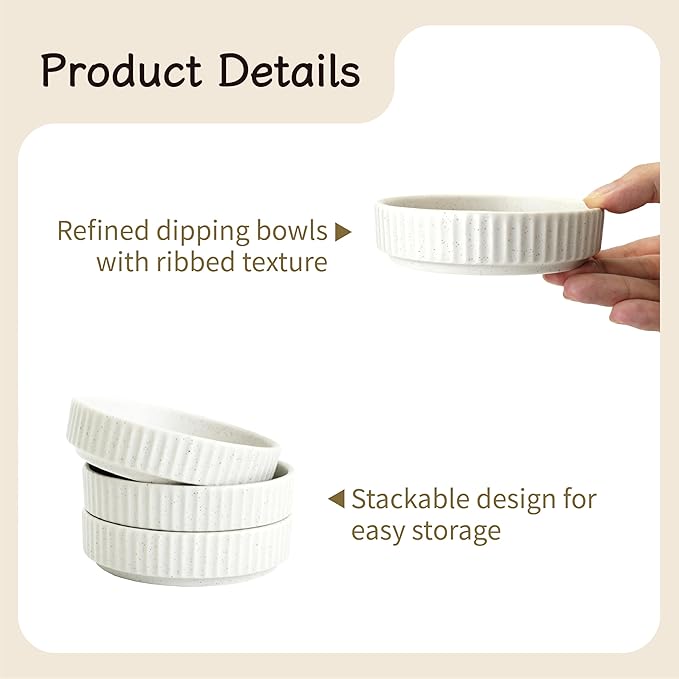 Ceramic Dipping Bowls Set of 6, 4oz Sauce Dishes, 3.74 Inch Diameter, Oxford White with Vertical Texture, Stackable & Dishwasher Safe (White)
