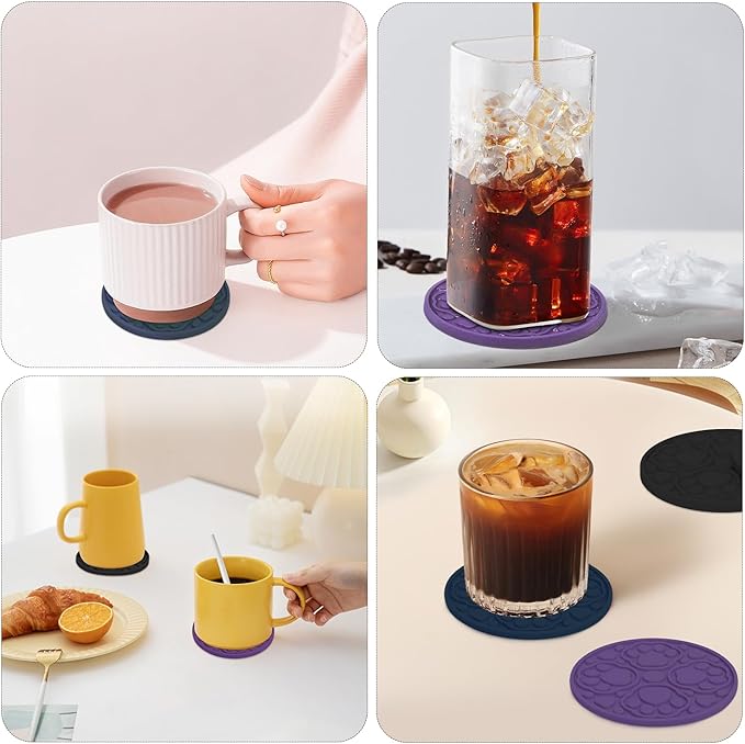 4 Inch Silicone Coasters Set of 6, (Black, Blue, Purple) Absorbent Non-Slip Drinks Coaster for Protecting Coffee Tables/Desks, Perfect for Home, Kitchen, Living Room & Office