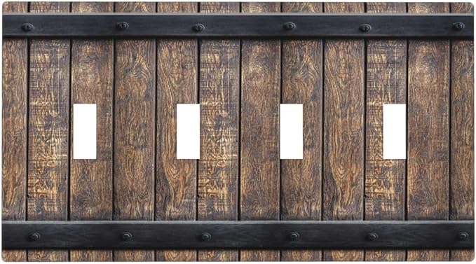 Light Switch Cover Rustic Barn Door Vintage Country Wood Board 4 Gang Switch Plate Quad Toggle Wall Plates Decorative Switchplate Electrical Outlet Cover for Farmhouse Cabin Decor