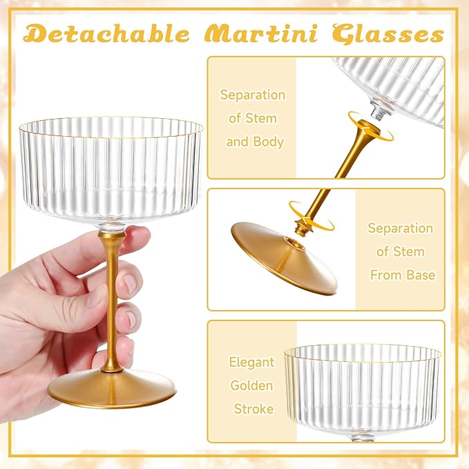 XUWAIDSGN 100 Pcs Champagne Martini Glasses 9 Oz with Gilded Removable Gold Rim Coupe Glasses Pink Martini Glasses Plastic Mimosa Vintage Coupe Glasses Set For Wedding Anniversary (100, Ribbed Gold)