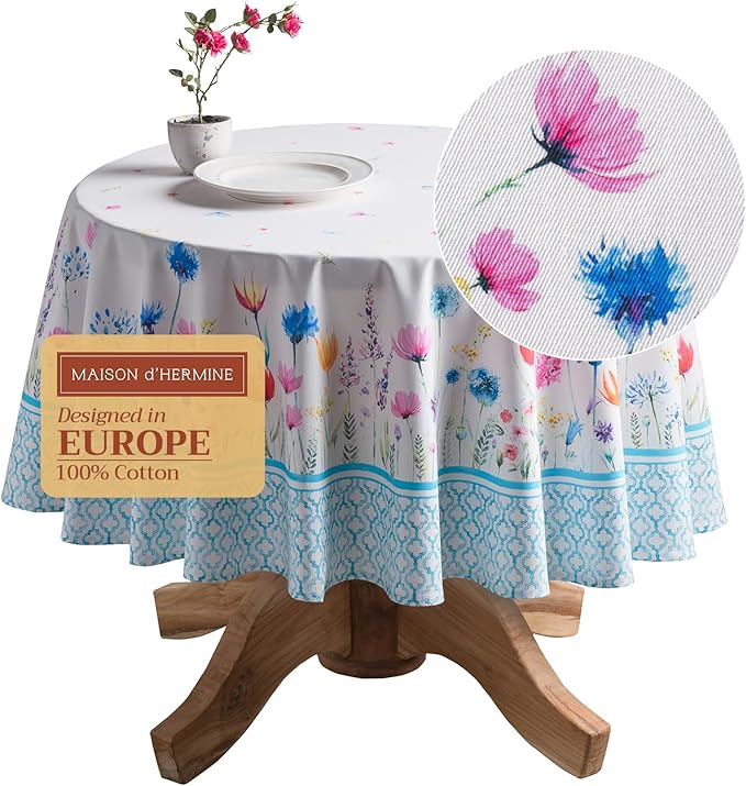 Maison d' Hermine Table Cloth Round Table 100% Cotton 63 Round Inches Tablecloth Reusable Decorative for Dining Room Farmhouse Home Valentines Day Decorations Spring Summer - Flower in The Field