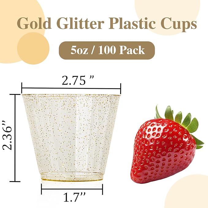 I00000 5oz 100 Pack Gold Glitter Plastic Cups, Glitter Disposable Small Plastic Cups, Disposable Clear Cup with Gold Glitter Shot Glasses, Small Tumbler Perfect for Wedding & Party