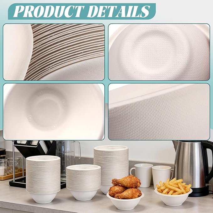 LeonBach 100 Pack 6oz Natural Bagasse Fiber Bowls, Small Disposable Paper Bowls Microwavable Safe Sample Snack Cups Charcuterie Serving Cups for Sauce Portion Condiment Ice Cream Desserts, White
