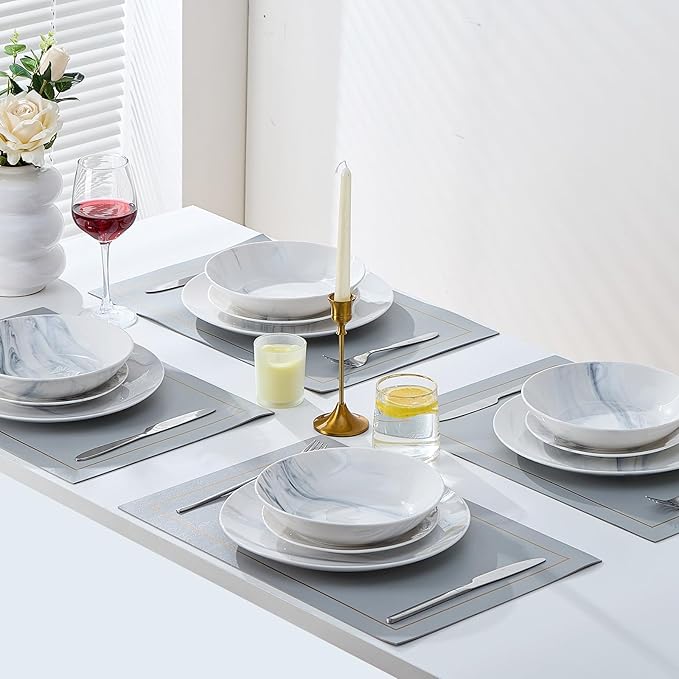 Bestone 12-Piece Round Kitchen Dinnerware Set, Plates, Bowls, Service for 4, Blue and White Marble