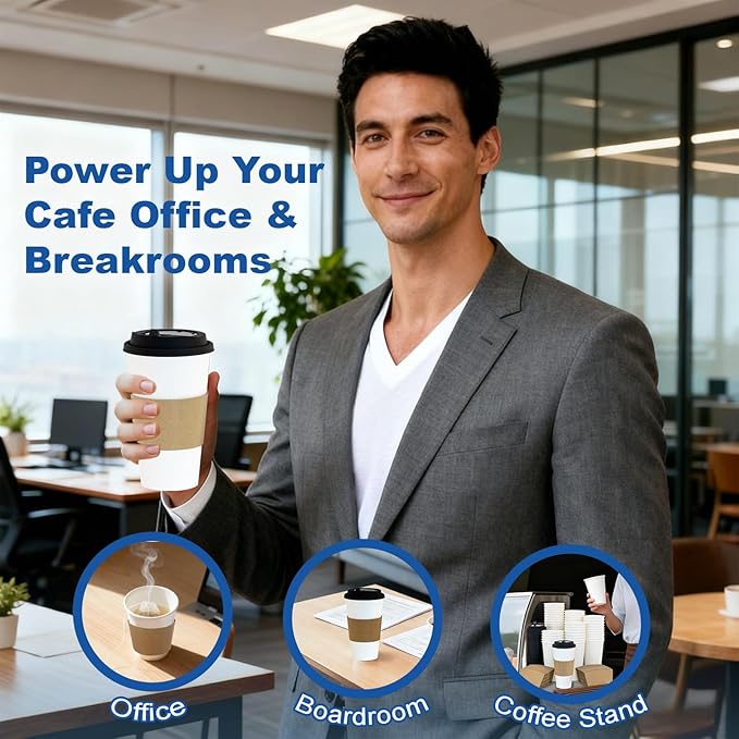 12 oz 100 Pack Coffee Cups with Lids and Sleeves, Straws, Hot Disposable To Go Travel Paper Cups Bulk for Office, Home Coffee Bar Accessories, Chocolate, Cocoa, Beverage (White)