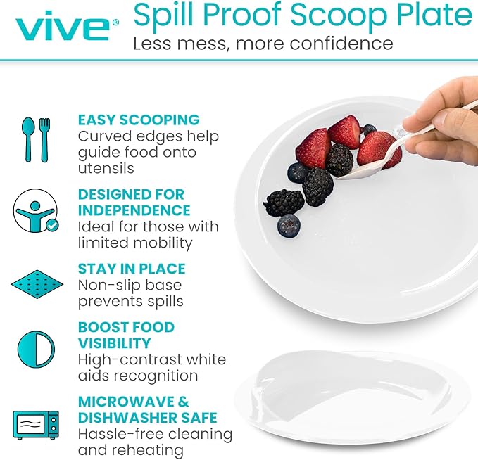Vive Spill-Proof Scoop Plate, 9" (2 Pack) - Dish with Wall for Disabled, Handicapped, Elderly Adults with Special Needs from Parkinsons, Dementia, Stroke, Tremors with - Non Skid Padded Bottom