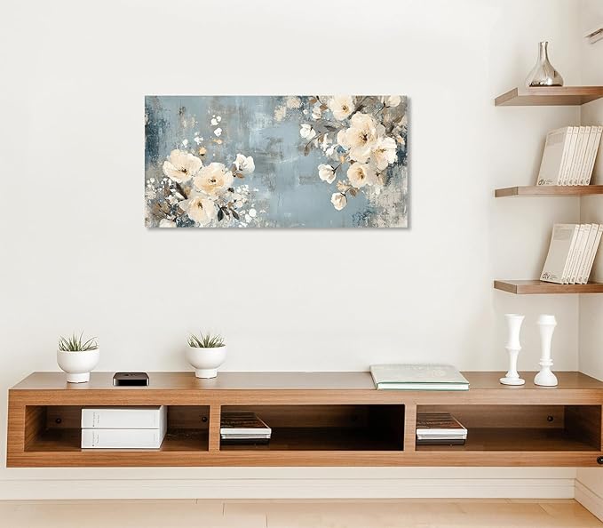 ADJUVANT Wall Art Vintage Floral 40" L x 20" W, Creamy Flowers On Distressed Blue Background Canvas Painting Blossoms Artwork Prints Floral Wall Decor for Living Room Bedroom Dining Room Home Office