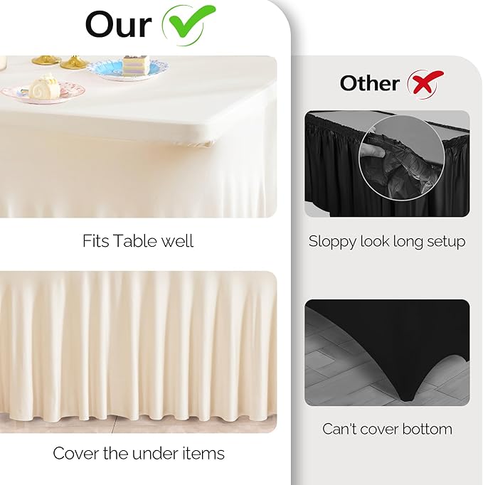 Wish Care 6 Pack Ivory Spandex Table Clothes for 4 Foot Rectangle Tables, 4FT Wrinkle Free Fitted Tablecloths Ruffles Design Table Cover for Party, Banquet, Wedding and Events