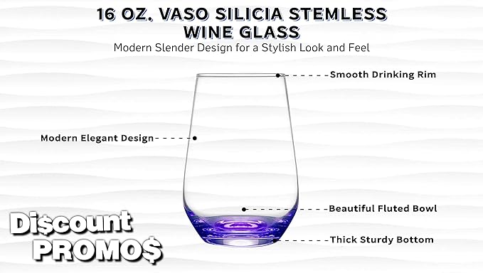 DISCOUNT PROMOS 10 Vaso Silicia Stemless Wine Glasses Set, 16 oz. - Clear, Orb-Like, Thick base - Purple