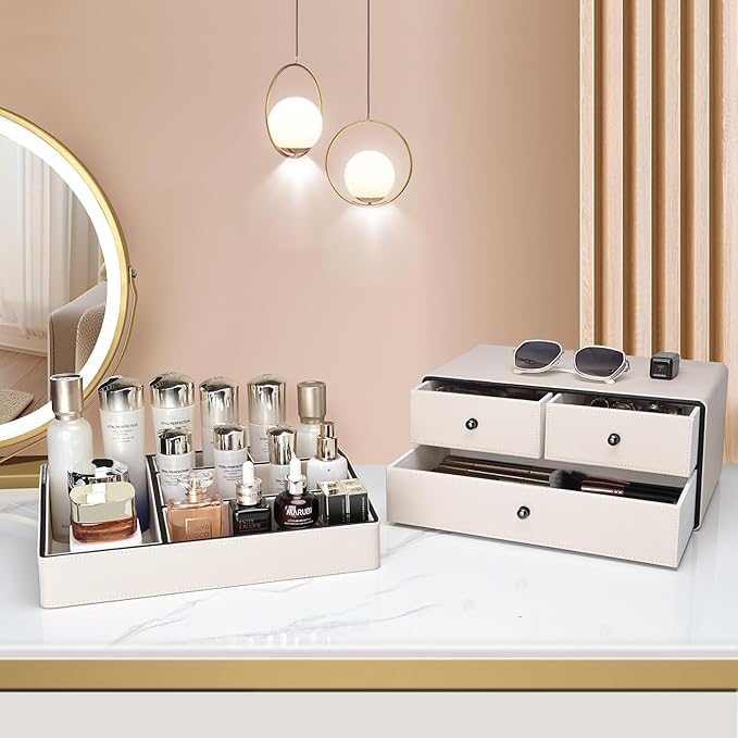KINGFOM Leather Makeup Organizer with 3 Drawers, 2 Tier Cosmetic Storage Organizer for vanity Dresser Countertop and Bathroom Vanity, Beauty Holder for Lipstick Brush Skincare (Beige)