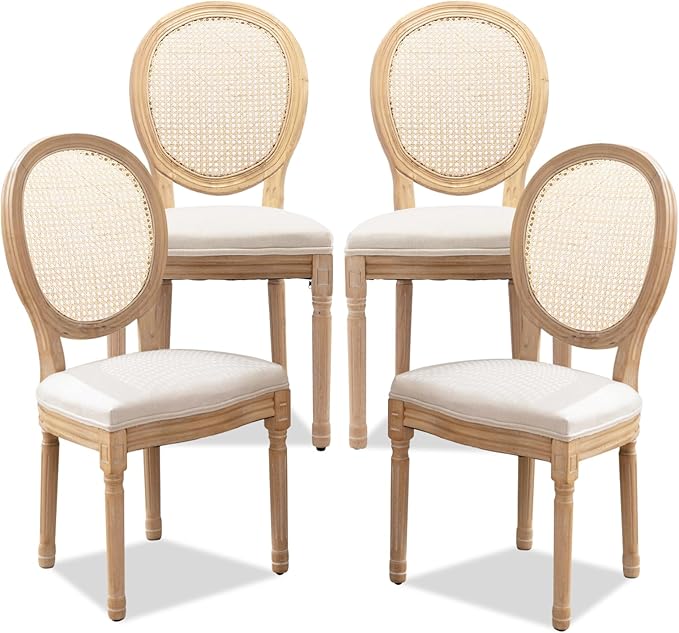 SoarFlash French Dining Chairs Set of 4, Vantage Dining Chair with Round Back, Farmhouse Country Rattan Dining Chair for Kitchen,Bedroom,Beige