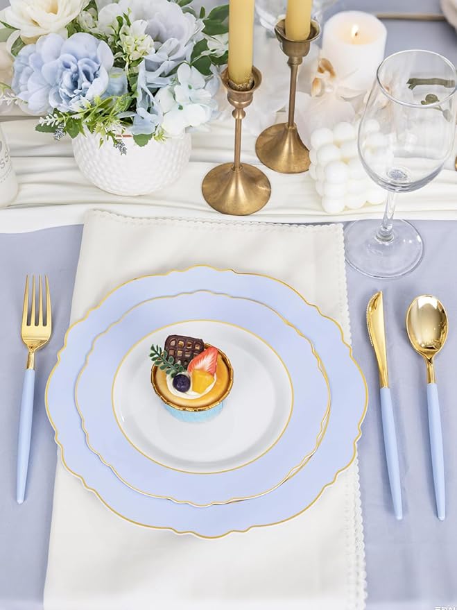 WDF 60pcs Blue Plates Disposable With Gold Rim - Baroque Baby Blue Plastic Party Plates for Wedding/Party/Baby Shower