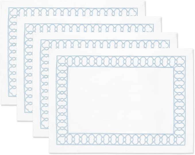 Hofdeco Premium Coastal Patio Indoor Outdoor Placemat Set of 4, 14"x19" Double-Layered, Waterproof Cloth Placemat for Kitchen or Dining Table. Baby Blue Embroidered Frame