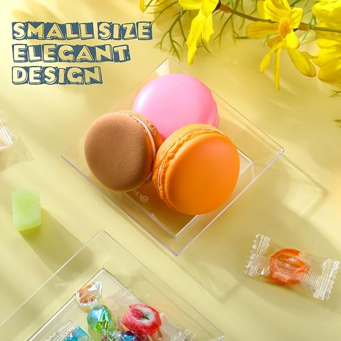 Zhehao 50 Pcs Plastic Dessert Appetizer Plates Disposable, 3.6 x 3.6 Inch Small Square Plastic Dessert Cake Plate for Party, Valentine's Day Wedding Birthday Bridal Baby Shower Supplies (Clear)