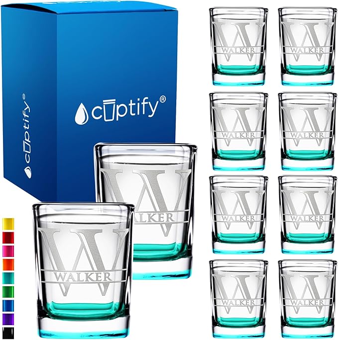 Personalized Square Shot Glasses Set of 10 Teal Bottom 2oz Engraved Initial and Name Custom Gifts, Weddings, Birthdays, Party, Event, Decorations