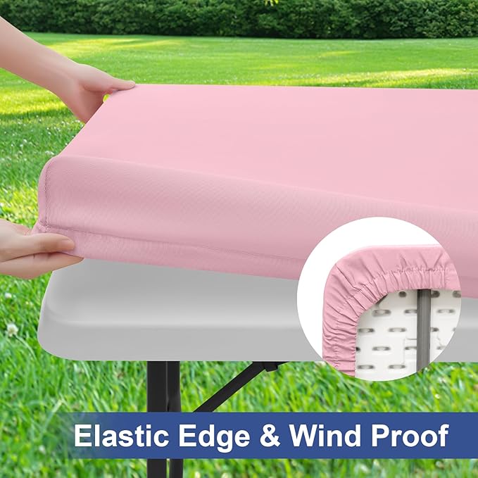 homing 2 Pack Rectangle Table Cloth, Elastic Fitted Fabric Tablecloth Fits for 8 Foot Folding Tables, Washable Table Cover for Picnic, Camping, Indoor & Valentine's Day (Pink, 30" x 96")