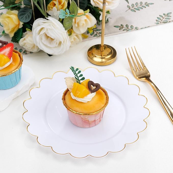 SUT 72Pcs Plastic Plates-7.5inch White Dessert Plates with Gold Trim, White Disposable Plates, Disposable Plates,Fancy Plastic Plates, Heavy Duty Plastic Plates for Parties