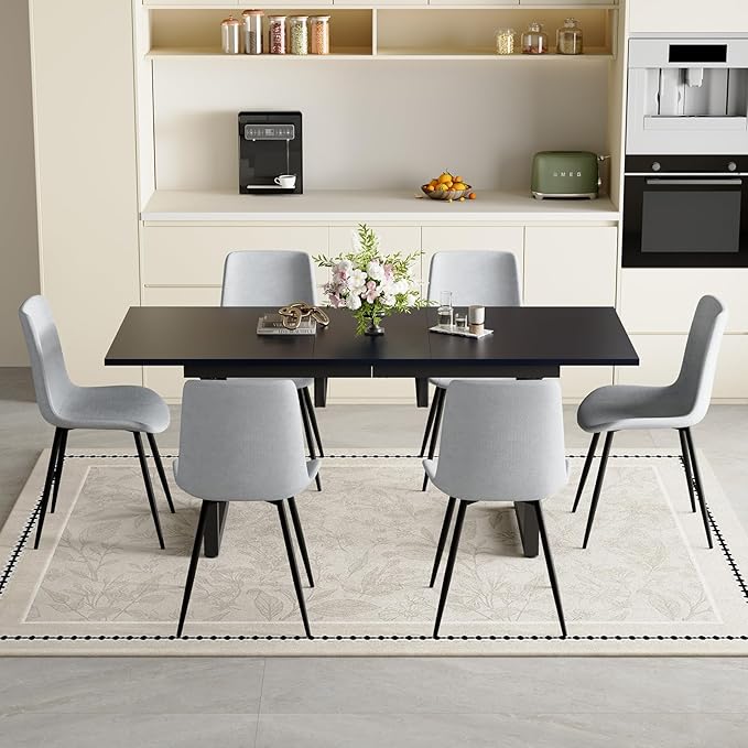 Extendable Dining Table Set for 6, 55"–71" Modern Black Kitchen Table with 6 Upholstered Chairs, Space-Saving for Living Room Apartment, Sturdy & Comfortable, Easy Assembly