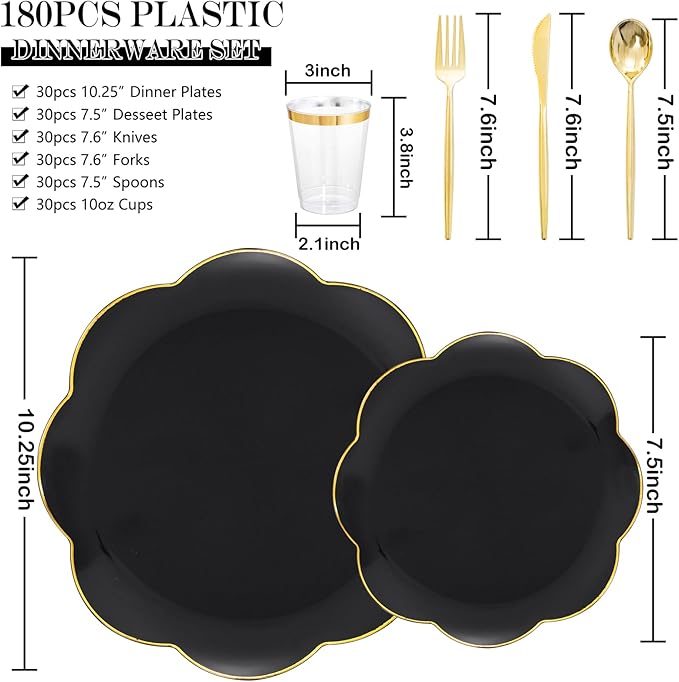 EI 180pcs Black Plastic Plates with Gold Plastic Silverware,Black and Gold Plates Disposable,Heavy Duty Plate for Party,Wedding,Anniversary,Spring Afternoon Tea Business Event