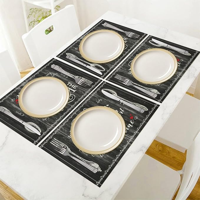 Vintage Farmhouse Placemat Set, Minimal Black White Rural Plank Art Sketch Cutlery Knife Fork Inspirational Quotes Pattern Home Decor Linen Table Mats for Dining Room Kitchen Party (17x12in) x2P