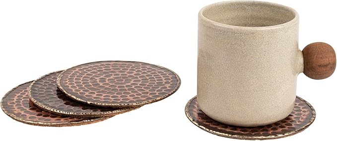 GoCraft Set of 4 Antique Copper Coasters – Handmade Hammered Copper with Padded Cork Protection, Coasters for Drinks, Beverages, Wine Glasses & Bar Glasses, Elegant Bar Décor, Durable & Stylish